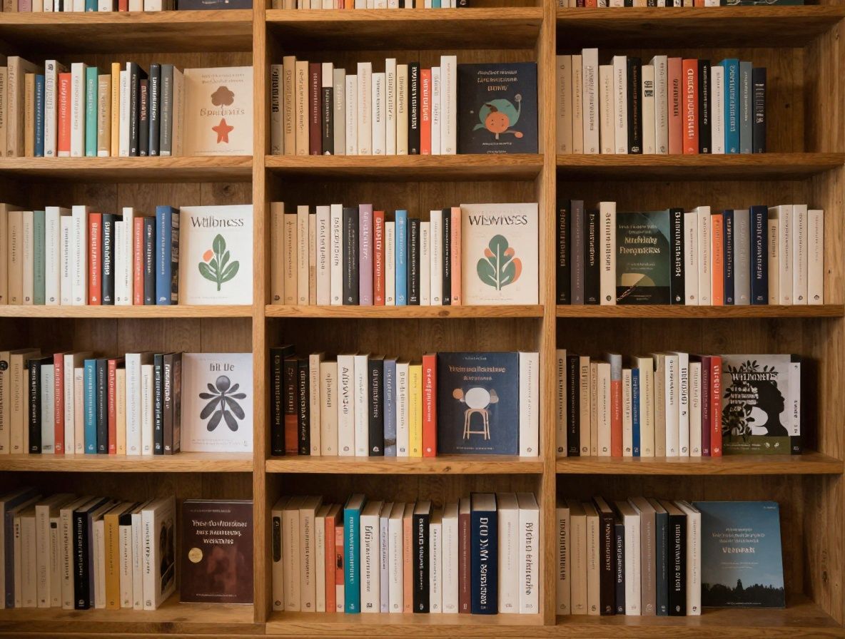 Biblioteka z książkami o zdrowiu i wellness na drewnianych półkach w naturalnym oświetleniu